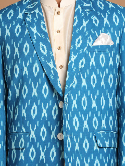 Men's Blue Ikkat Print Blazer And Kurta Pyjama Set
